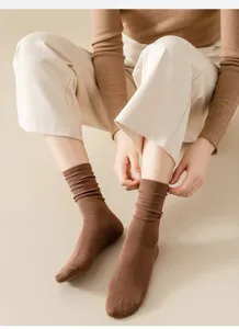 Brown ribbed mid-tube slouch socks for women, comfortable daily wear cotton knit detail.
