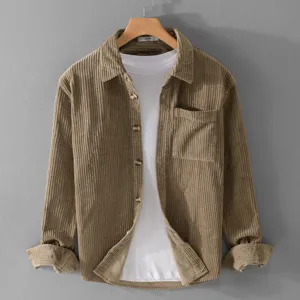 Men's Vintage Corduroy Long Sleeve Shirt Jacket Minimalist Casual Loose Fit Shacket Retro Solid Color Lapel Single Breasted Top