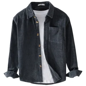 Men's casual long sleeve corduroy shirt solid color vintage button down outerwear spring