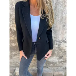 Giacca blazer casual da donna in misto lana con risvolto e un bottone anteriore.