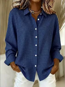 Donna camicia a quadri blu maniche lunghe casual colletto risvolto elegante top