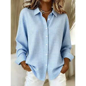 Camicia donna a quadri azzurro chiaro maniche lunghe elegante top con colletto casual
