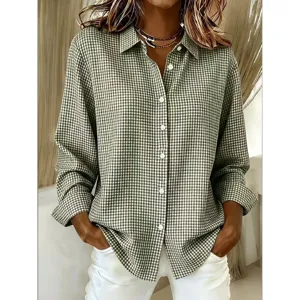 Camicia a quadri verde e bianco da donna manica lunga con colletto casual elegante