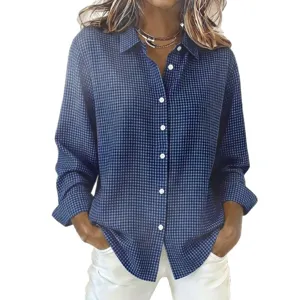 Camicia a quadri manica lunga casual da donna con colletto e bottoni moda chic