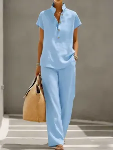 Casual women two piece set solid color short sleeve top and wide leg long pants light blue