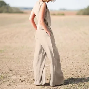 Set coordinato casual con top smanicato e pantaloni larghi in lino e cotone donna.
