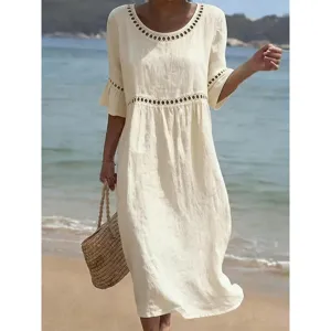 Women Casual Cotton Linen Long Dress Elegant Solid Color Crew Neck Half Sleeve Hollow Out Holiday Maxi Dress