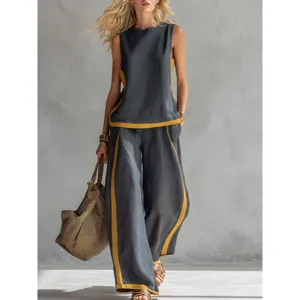 Completo Estivo Casual da Donna Due Pezzi Top Senza Maniche Girocollo e Pantaloni Gamba Larga Blocco Colore Vestito Largo