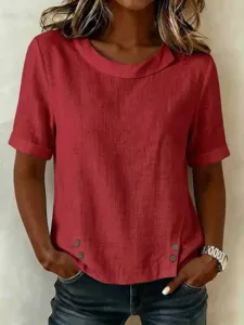 Women casual short sleeve round neck linen blend blouse with asymmetric button design.