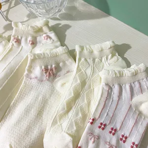 Japanese style cute ruffles short socks with sweet bows and floral patterns for women.