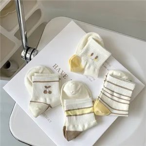Cute Japanese style women socks with striped and cherry embroidery design for spring summer daily wear.