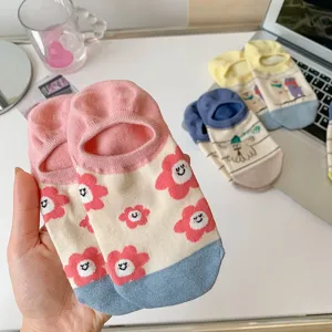 Cute cartoon floral women invisible socks with anti-slip silicone for spring daily use.