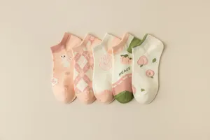 Cute Japanese style peach rabbit pattern short boat socks detail view, summer thin cotton.