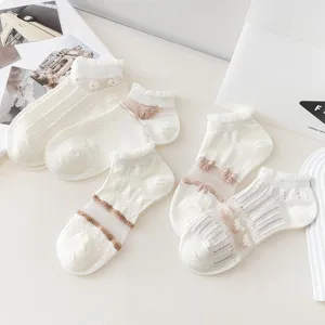 Japanese style crystal lace women socks, sheer thin summer ankle socks with cute floral bows.
