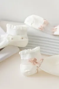 White sheer crystal lace ankle socks detail featuring cute pink bow and floral accent.