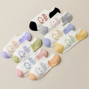 Cute women low cut socks set breathable cotton ankle socks with smiley face and hello print 8 pairs