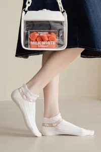 Close-up of Japanese sweet white lace short socks with floral embroidery, delicate mesh boat sock