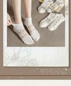 Japanese style white lace short socks for women, breathable sheer ankle socks with floral patterns.