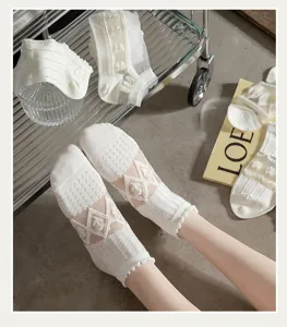 White lace short socks detail, mesh floral and heart design, sweet summer hosiery.
