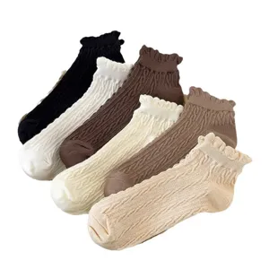 Japanese style frilly cuff short socks for women, cute cable knit low cut boat socks, multi-color.