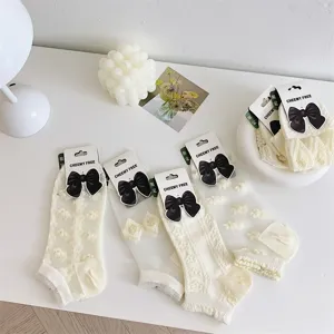 Japanese style sheer lace women socks with black bow, cute white summer short boat socks.