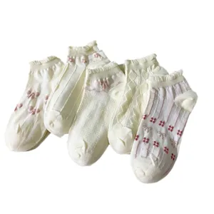 Cute Japanese style women short socks set with sweet lace trim floral bow patterns for summer.