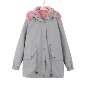 Grey parka coat detail showcasing pink faux fur hood lining, drawstrings, and pockets.
