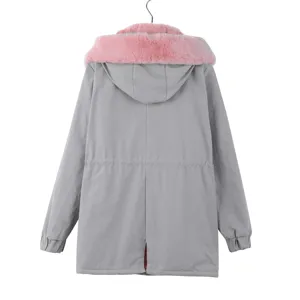 Women winter grey parka jacket with pink faux fur hood, casual mid-length warm coat.