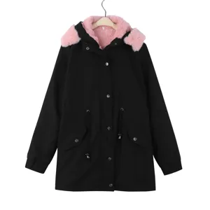 Women's black parka coat featuring a cozy pink faux fur hood and warm fleece lining for winter.