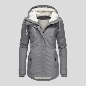 Women's winter fleece lined hooded parka jacket, casual solid color warm outerwear coat detail.