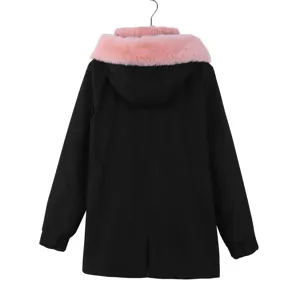 Women winter parka coat with pink fur-lined hood, black casual medium long outerwear detail.