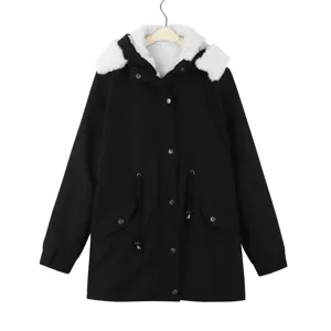 Women winter black hooded parka coat with white faux fur lining warm mid-length casual jacket