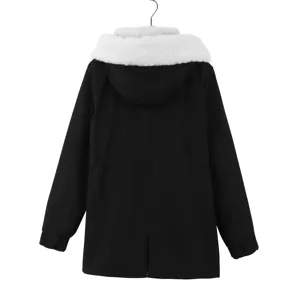 Women winter black parka coat with white plush hood detail, casual long sleeve warm outerwear.