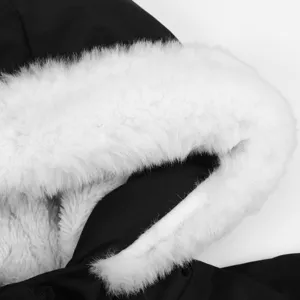 Black winter parka coat detail, thick white faux fur hood trim and plush warm lining.