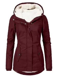 Women's winter fleece lined hooded parka jacket warm solid color casual outerwear.