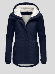 Women winter fleece lined hooded parka jacket casual solid color outerwear winter coat.
