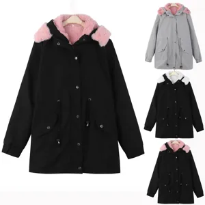 Women's Winter Mid-Length Parka Hooded Coat With Faux Fur Collar Lamb Wool Lining Casual Cotton-Padded Jacket Outerwear
