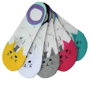 Women summer thin mesh shallow boat socks with cute cat face design non slip invisible.