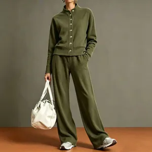 Olive green cardigan tracksuit set with wide-leg pants, chic metal buttons and casual style.