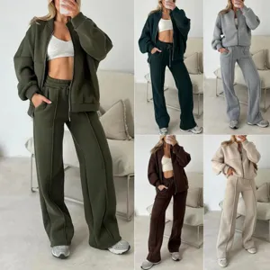 Women's Casual Solid Color Long Sleeve Stand Collar Zip Up Sweatshirt And Wide Leg Pants Two Piece Set Tracksuit