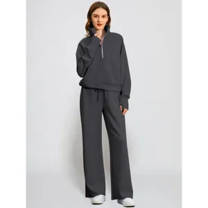 Women two-piece half-zip sweatshirt and wide-leg sweatpants casual loungewear set full body view