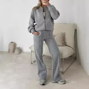 Women casual grey zip up hoodie and sweatpants two piece tracksuit set for daily wear
