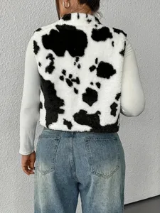 Fuzzy cow print vest for women, autumn winter sleeveless fluffy outerwear, stylish street fashion.