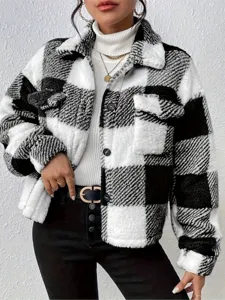 Women black and white plaid sherpa jacket fleece button down casual winter outerwear coat top
