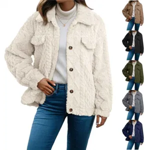 Detail view of womens fuzzy sherpa fleece jacket coat, featuring button down and warm collar.