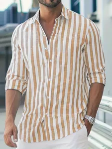 Men's long sleeve striped lapel shirt casual spring autumn button up fashion top apparel