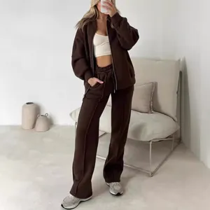 Womens Casual Solid Color Zip Up Hoodie And Wide Leg Sweatpants Tracksuit Set Brown