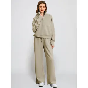 Women's half-zip sweatshirt and wide-leg trousers tracksuit set casual two-piece outfit