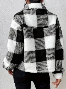Black and white plaid sherpa jacket back view showing fluffy fleece texture and lapel collar.
