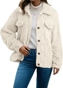Women casual sherpa fleece button down jacket winter warm long sleeve lapel outerwear tops